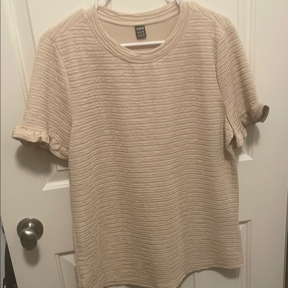 SHEIN Cream Ribbed Cuffed Sleeve Tee